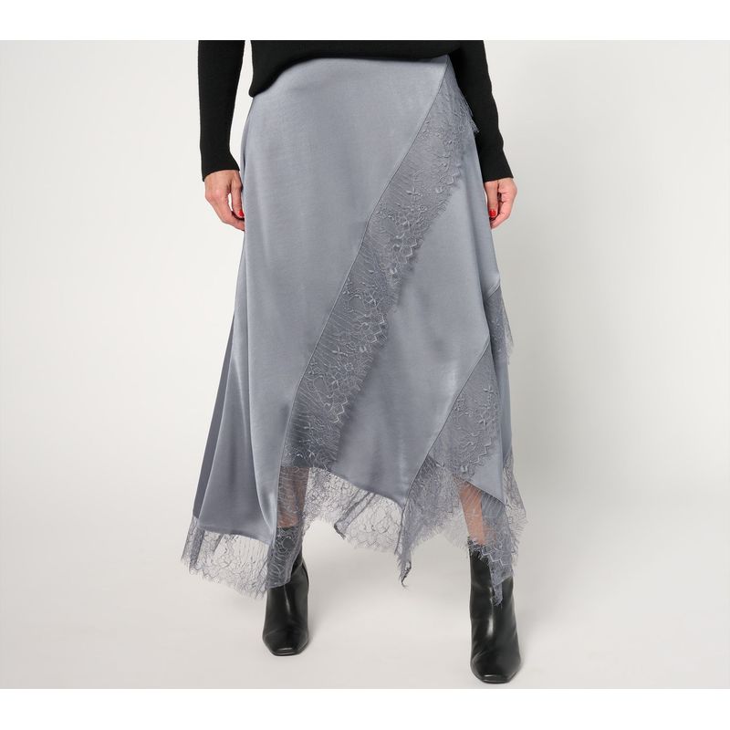 Me By Jennie Garth Women's Petite Skirt Pxl Bella Satin W Lace Gray A670948